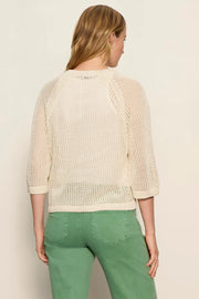 woman wearing a cream open-knit sweater with a relaxed fit and three-quarter sleeves, back