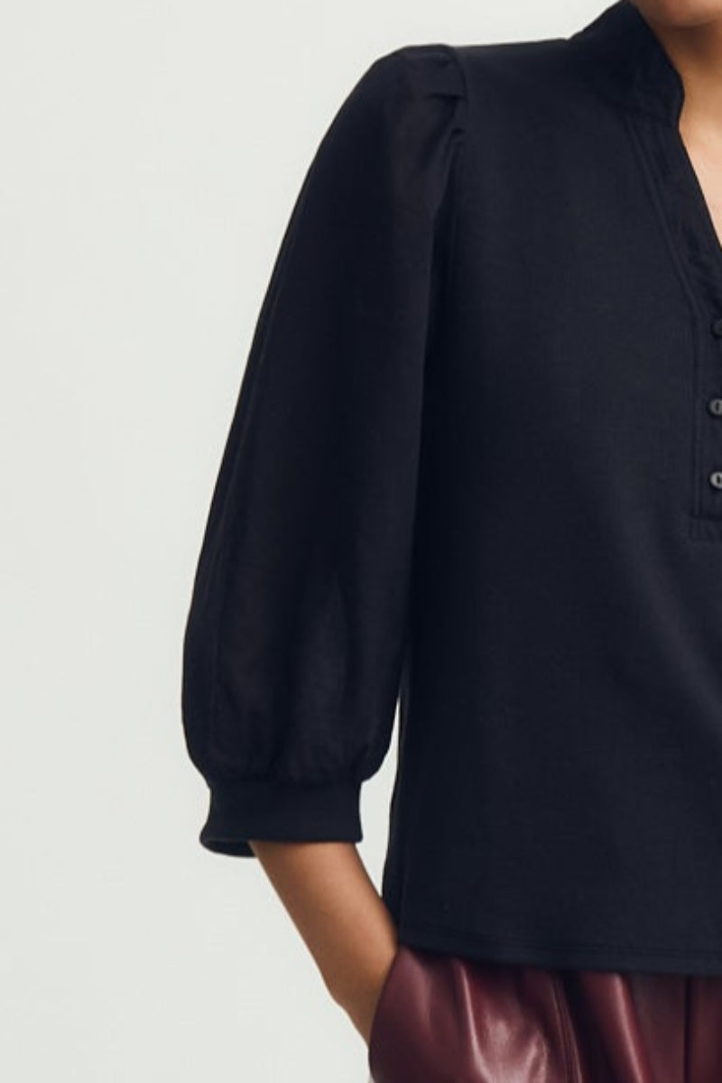 Close-up of the puff sleeve of a black top