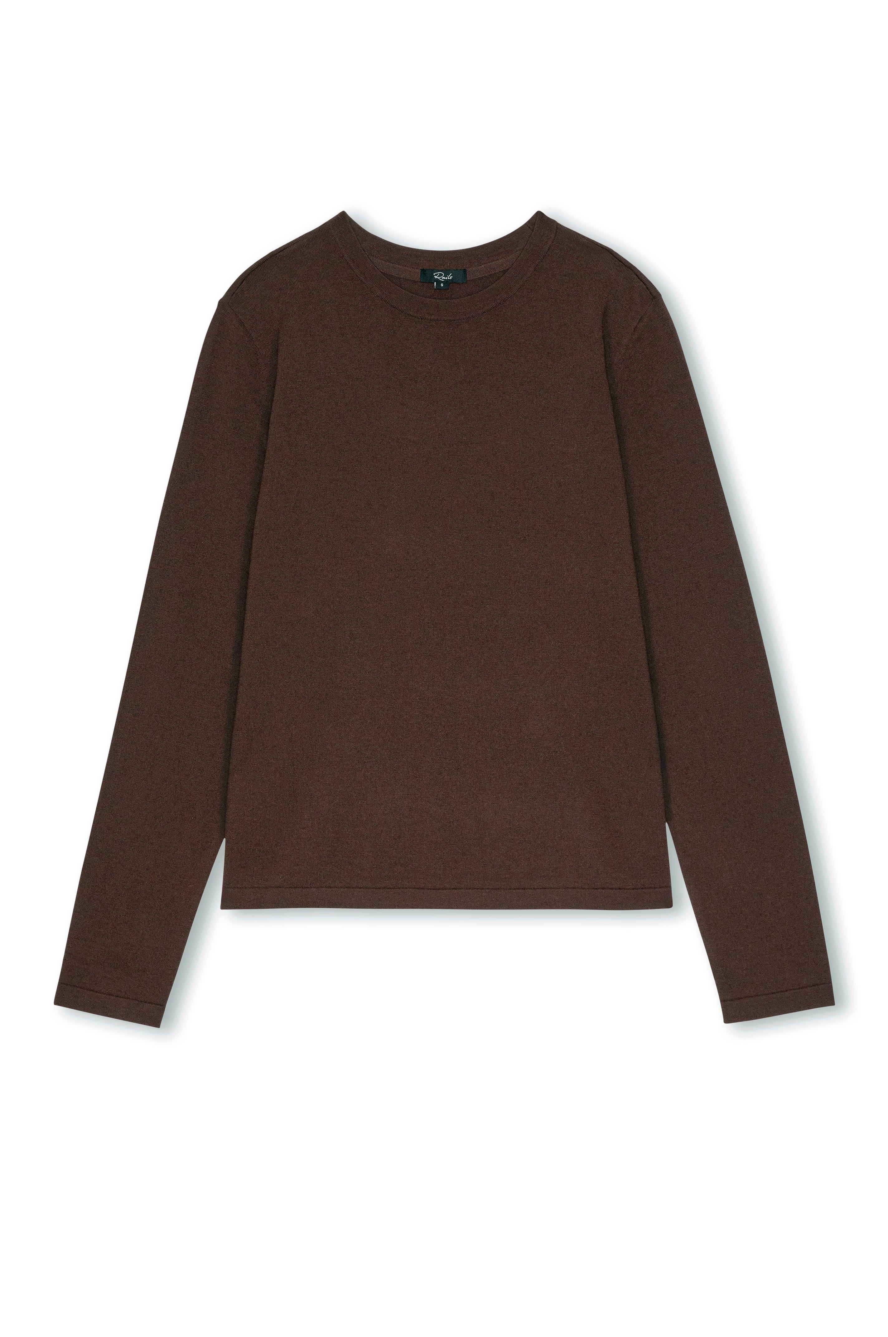A dark brown long-sleeve crewneck sweater laid flat against a white background.