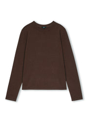 A dark brown long-sleeve crewneck sweater laid flat against a white background.