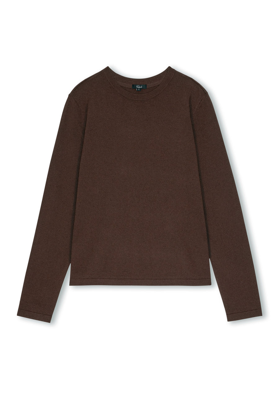 A dark brown long-sleeve crewneck sweater laid flat against a white background.