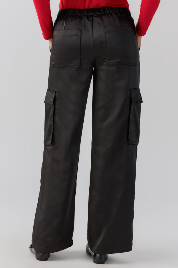 Sanctuary Satin Cargo Wide Leg Pant in Black