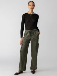 Sanctuary Satin Cargo Wide Leg Pant in Dark Olive