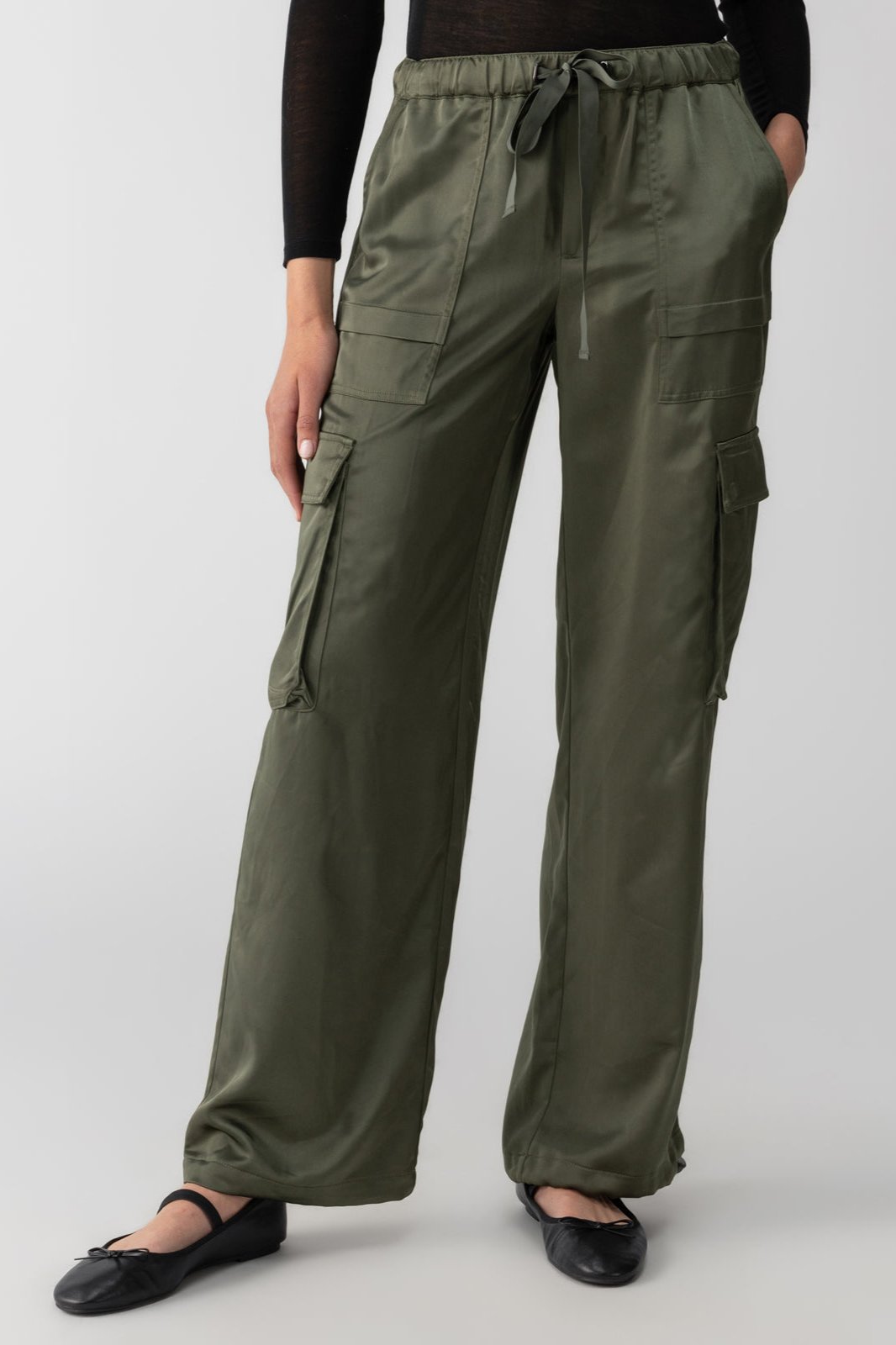 Sanctuary Satin Cargo Wide Leg Pant in Dark Olive