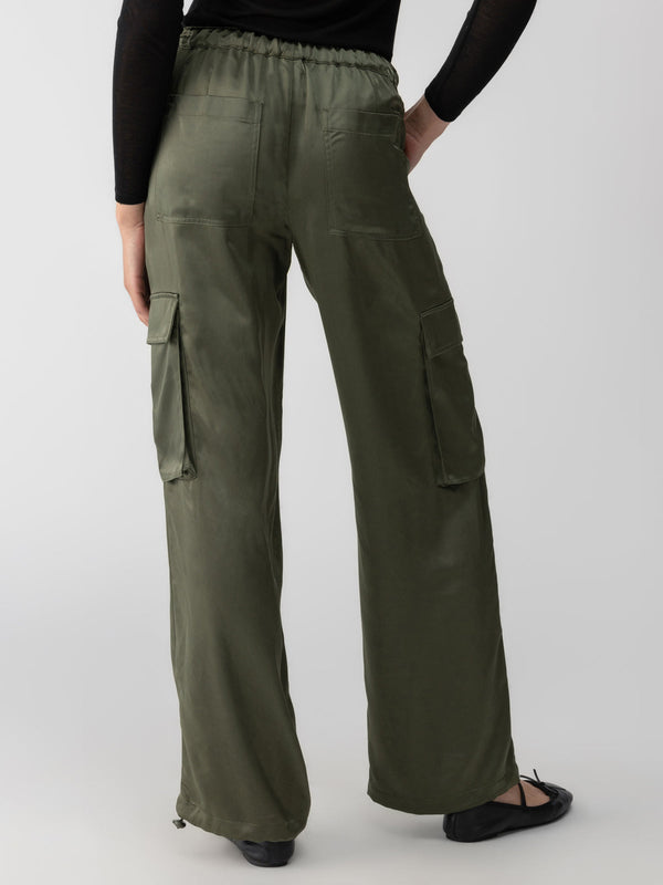 Sanctuary Satin Cargo Wide Leg Pant in Dark Olive