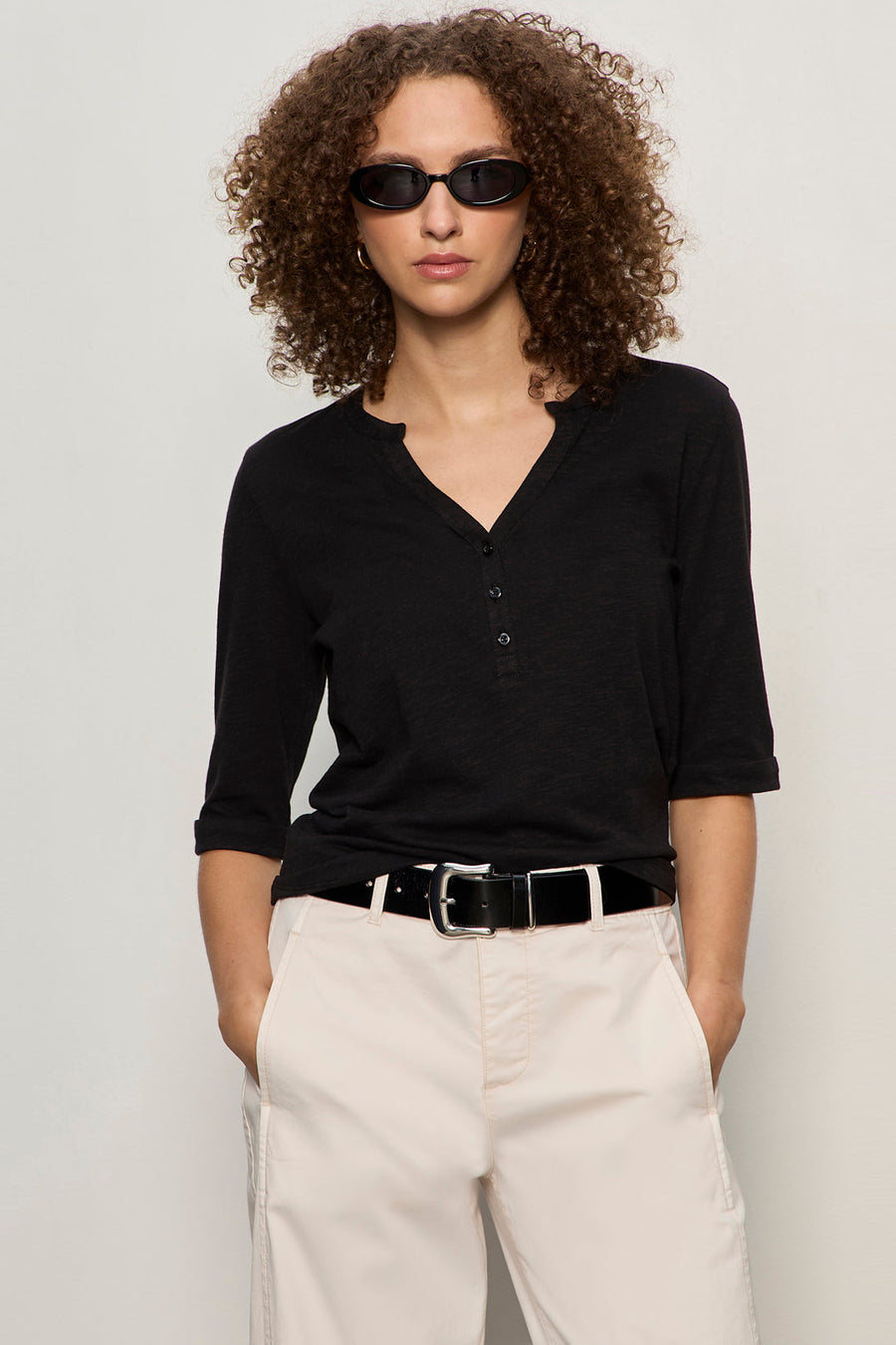 3 button v neck black rolled sleeve top