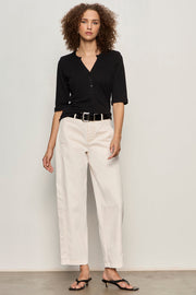 front view of black 3 button v neck with rolled sleeves