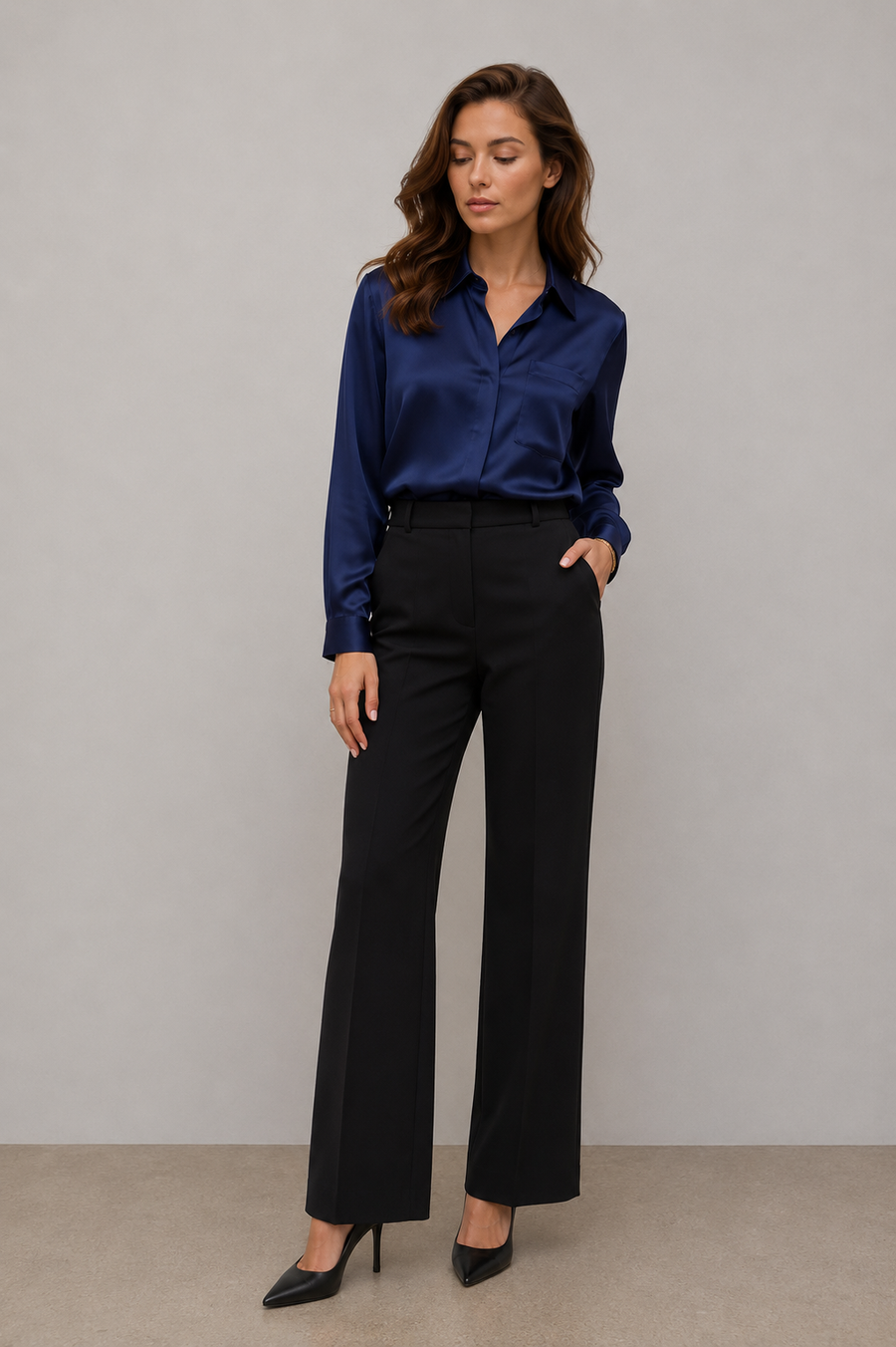 women wearing blue satin button up top