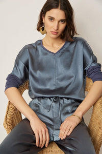 Melissa Nepton Cindy Satin & Rib Top in New Blue