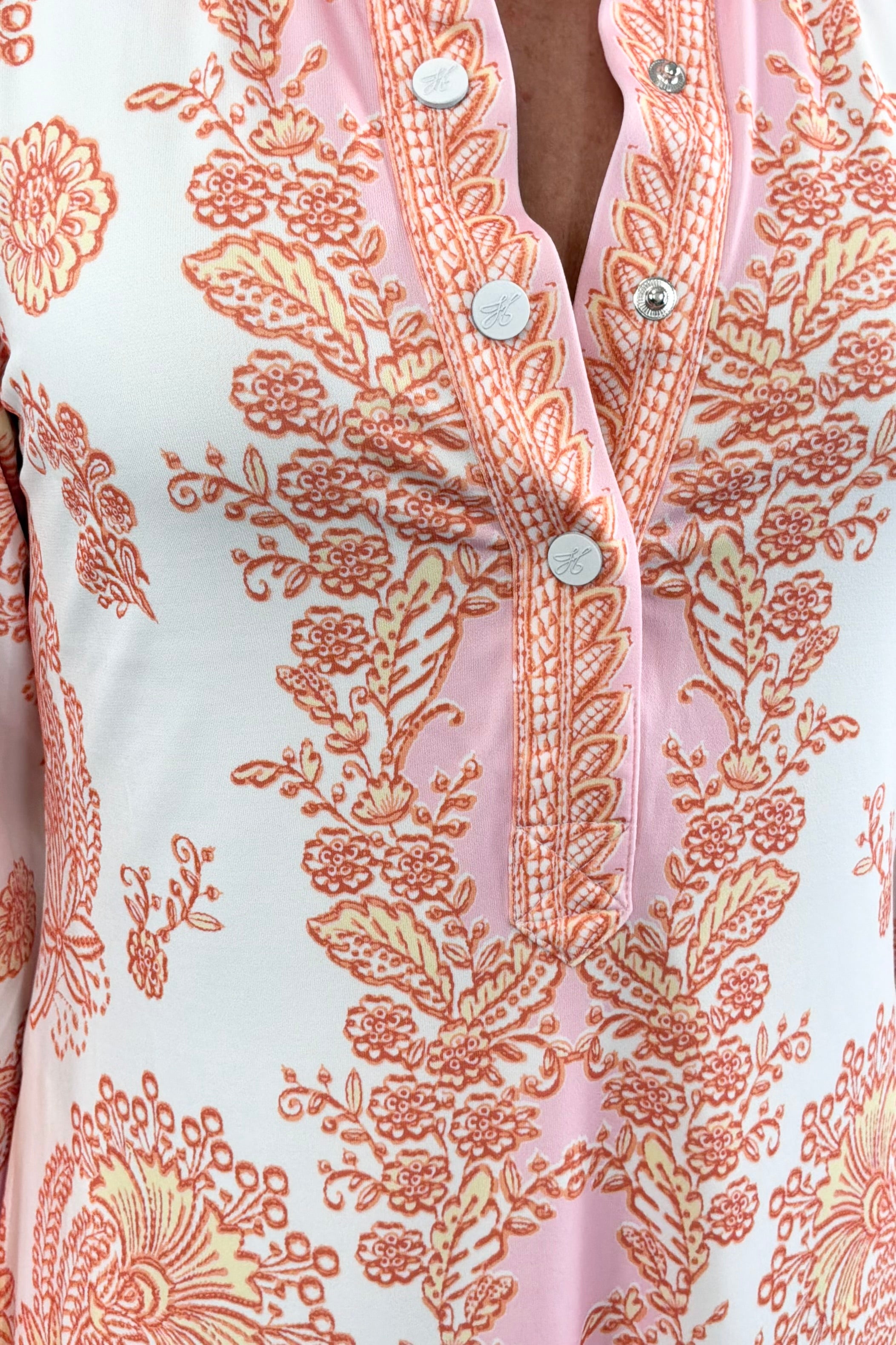 Women wearing v-neck dress with pink and orange patterns 