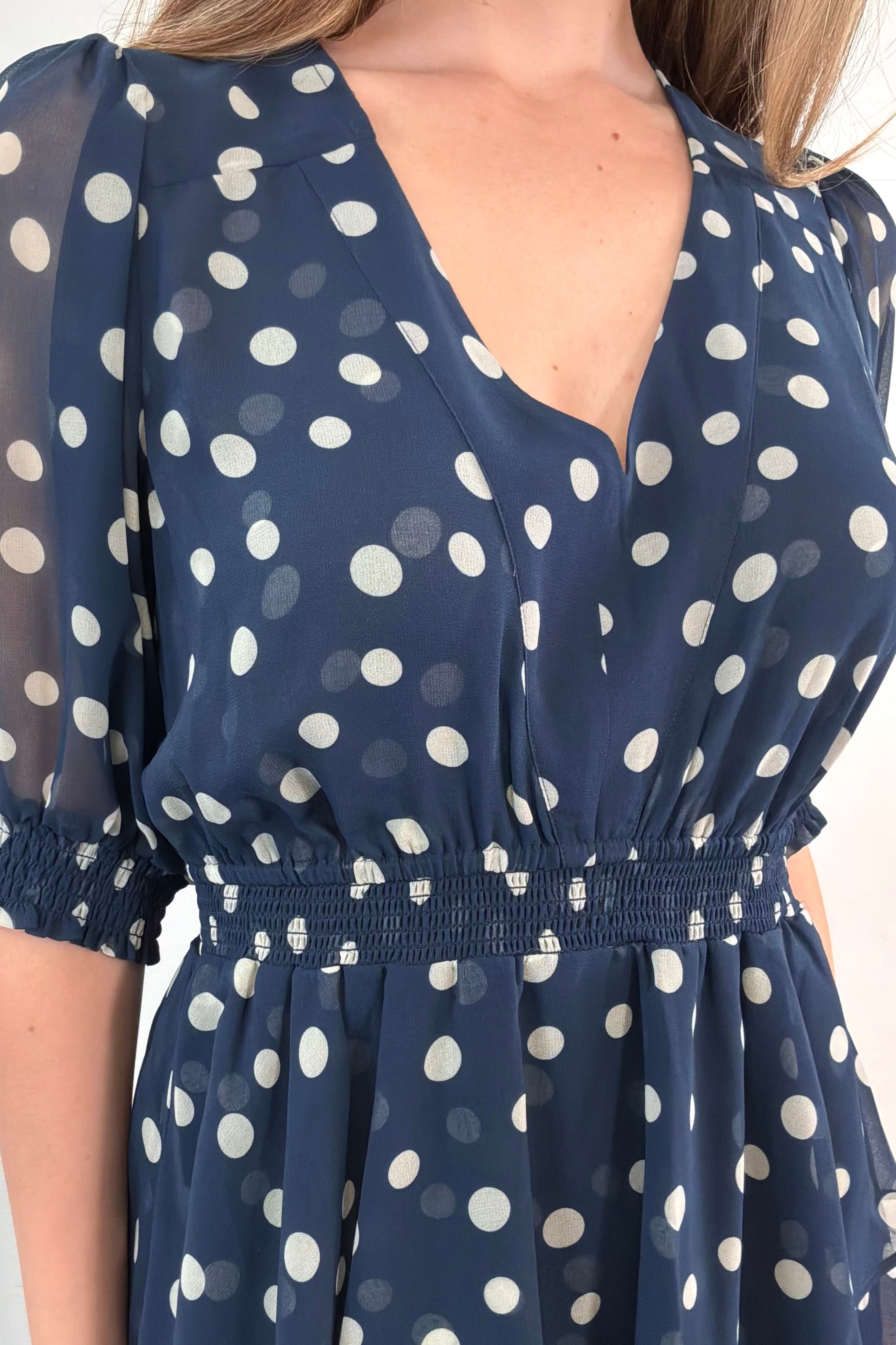 close-up of a navy midi ruffle dress with white polka dots
