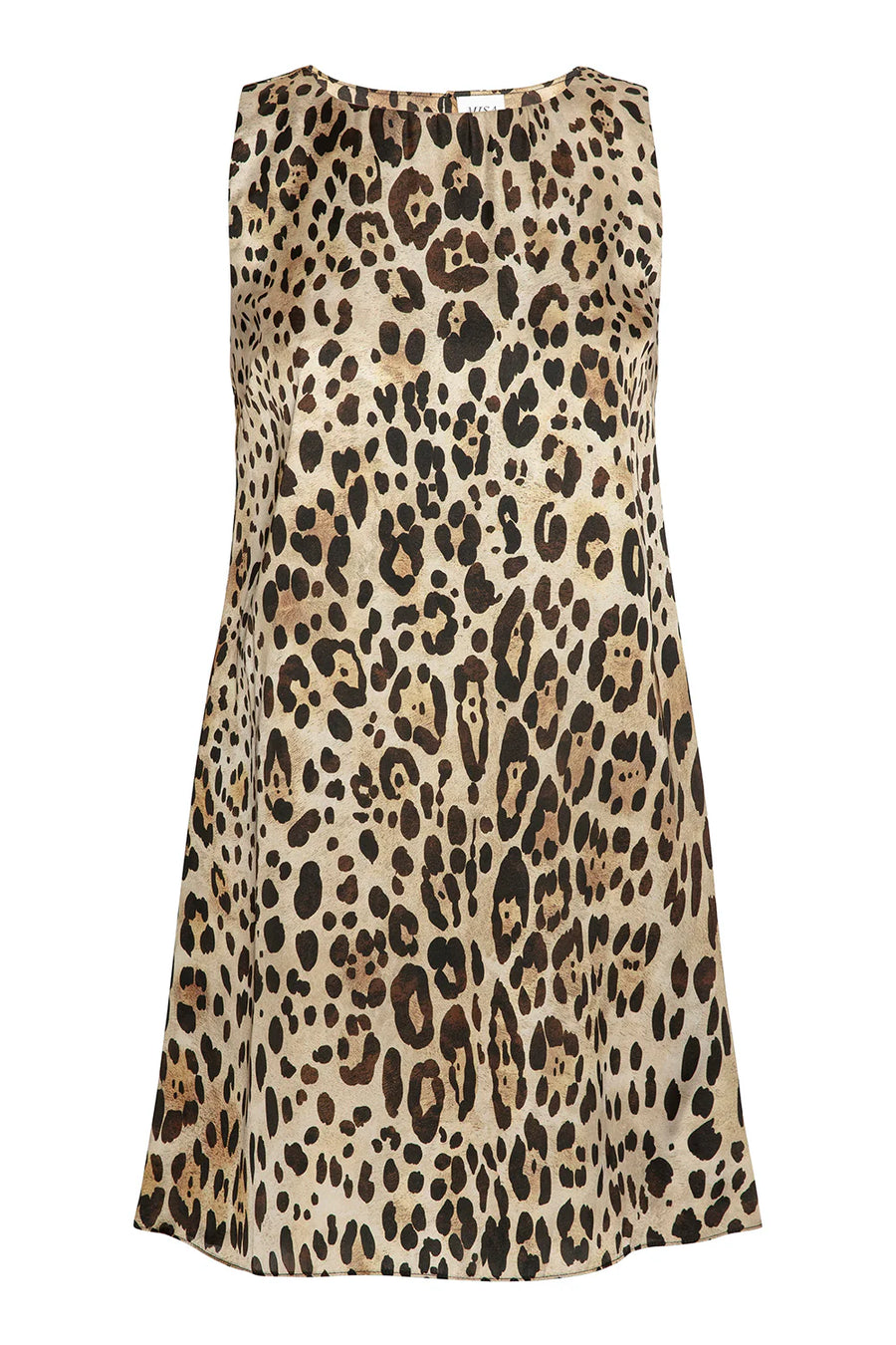 Leopard print sleeveless short dress on a white background