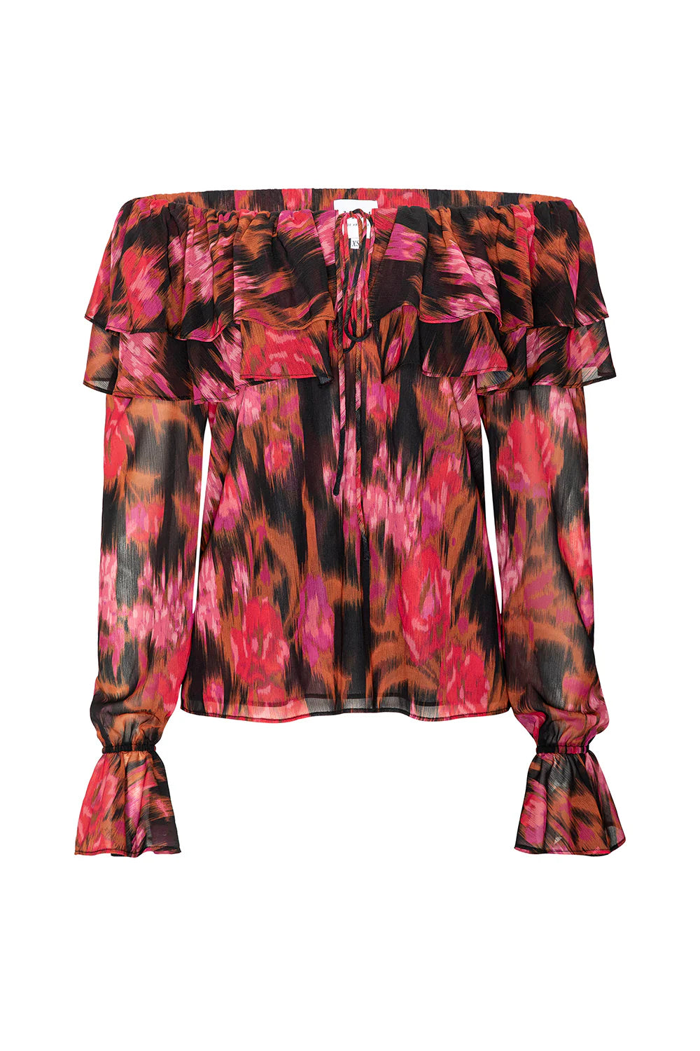 Multicolored floral off-shoulder top on a white background