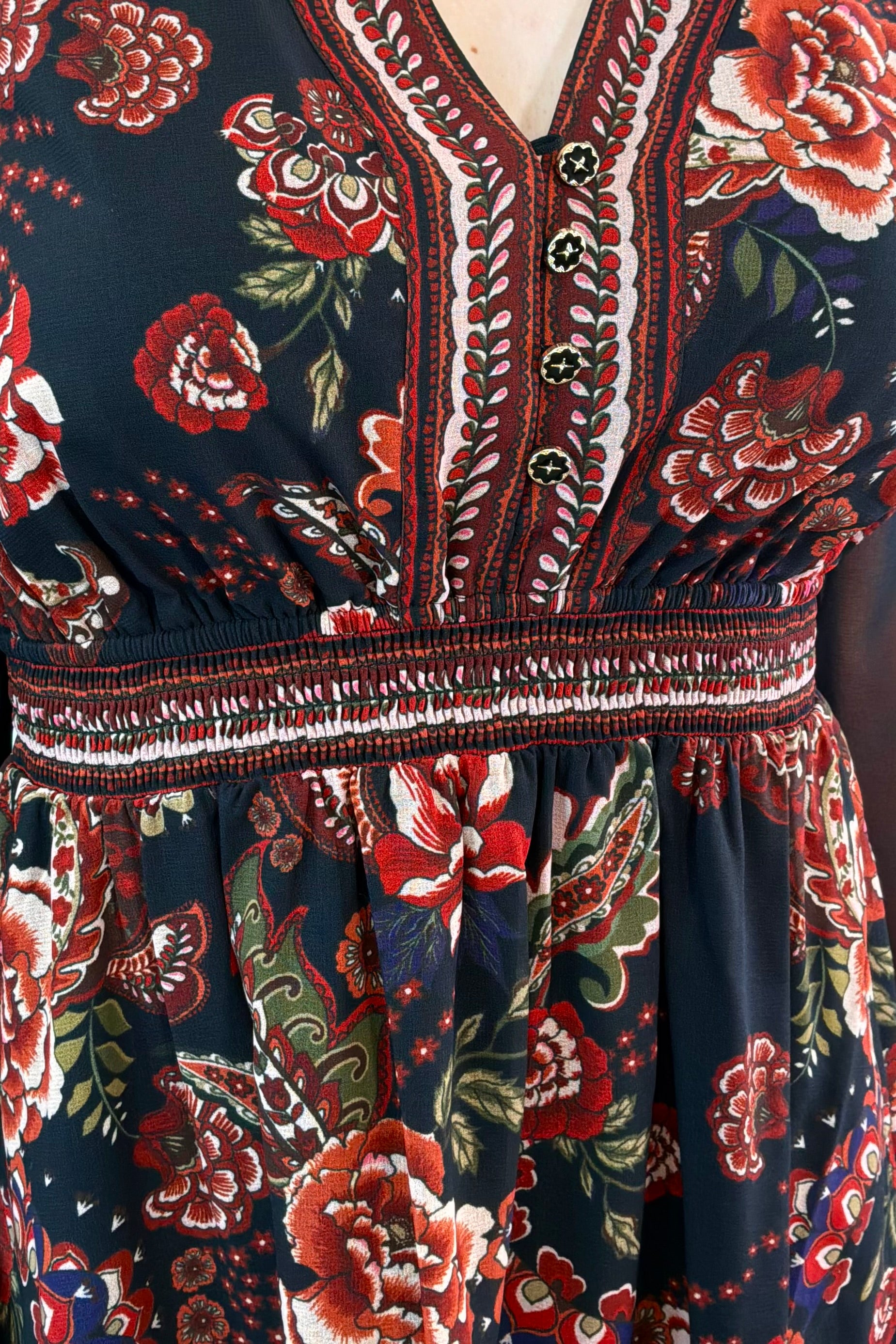 Close-up of a floral dress with intricate patterns and buttons.