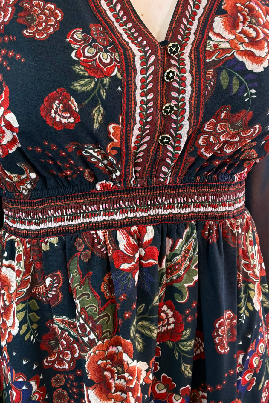Close-up of a floral dress with intricate patterns and buttons.