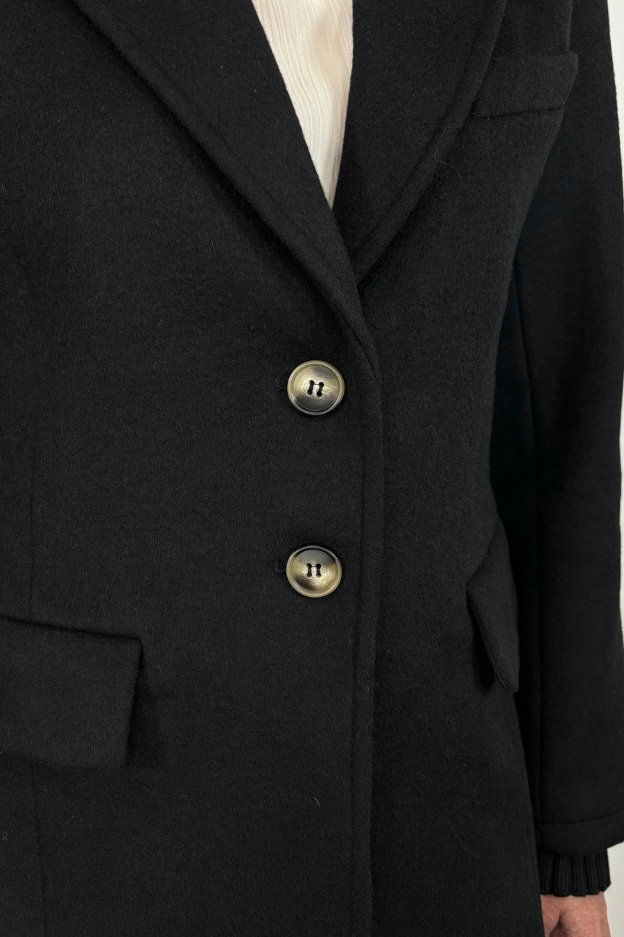 Close-up of the buttons of a black blazer