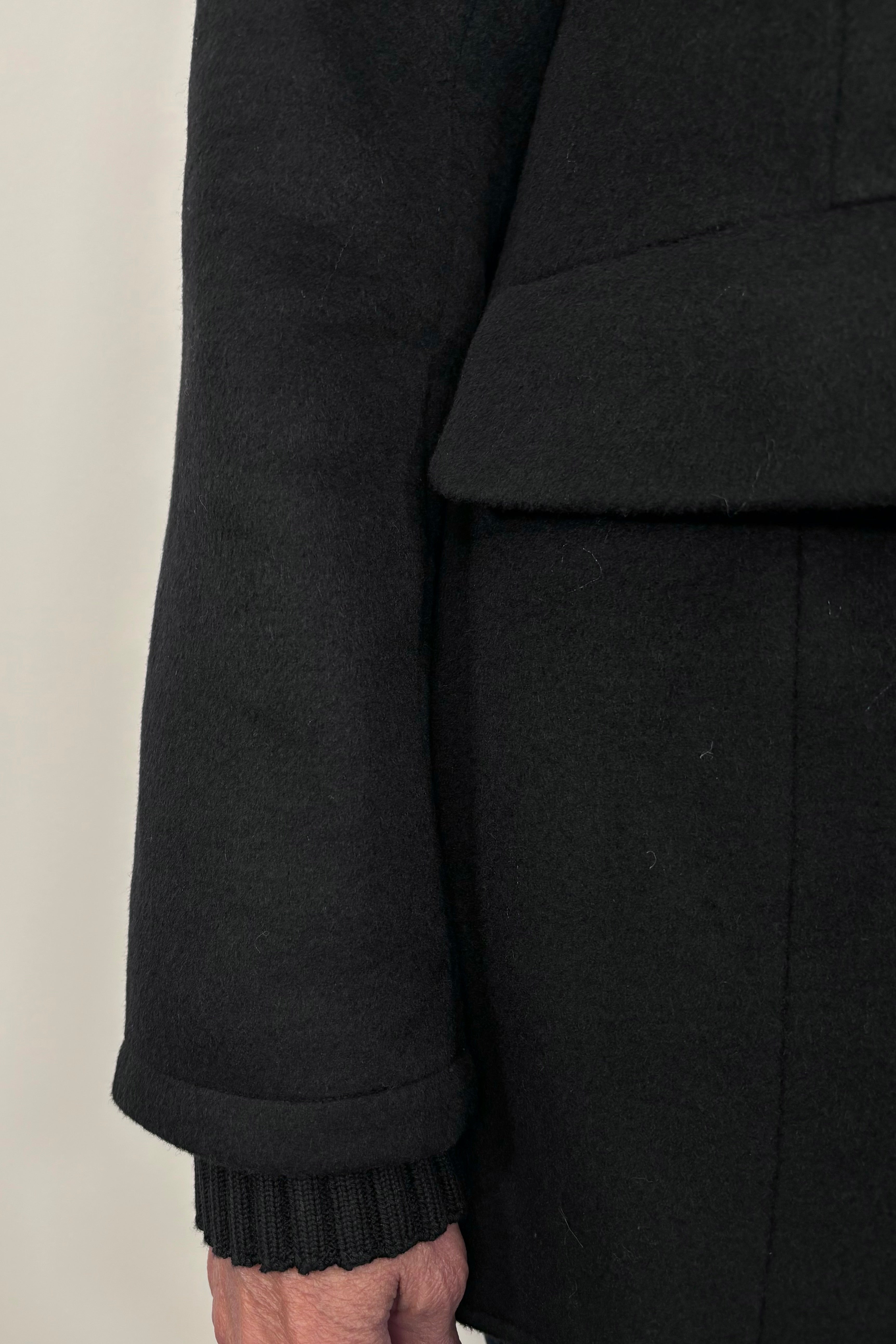 close-up of the sleeve of a black blazer