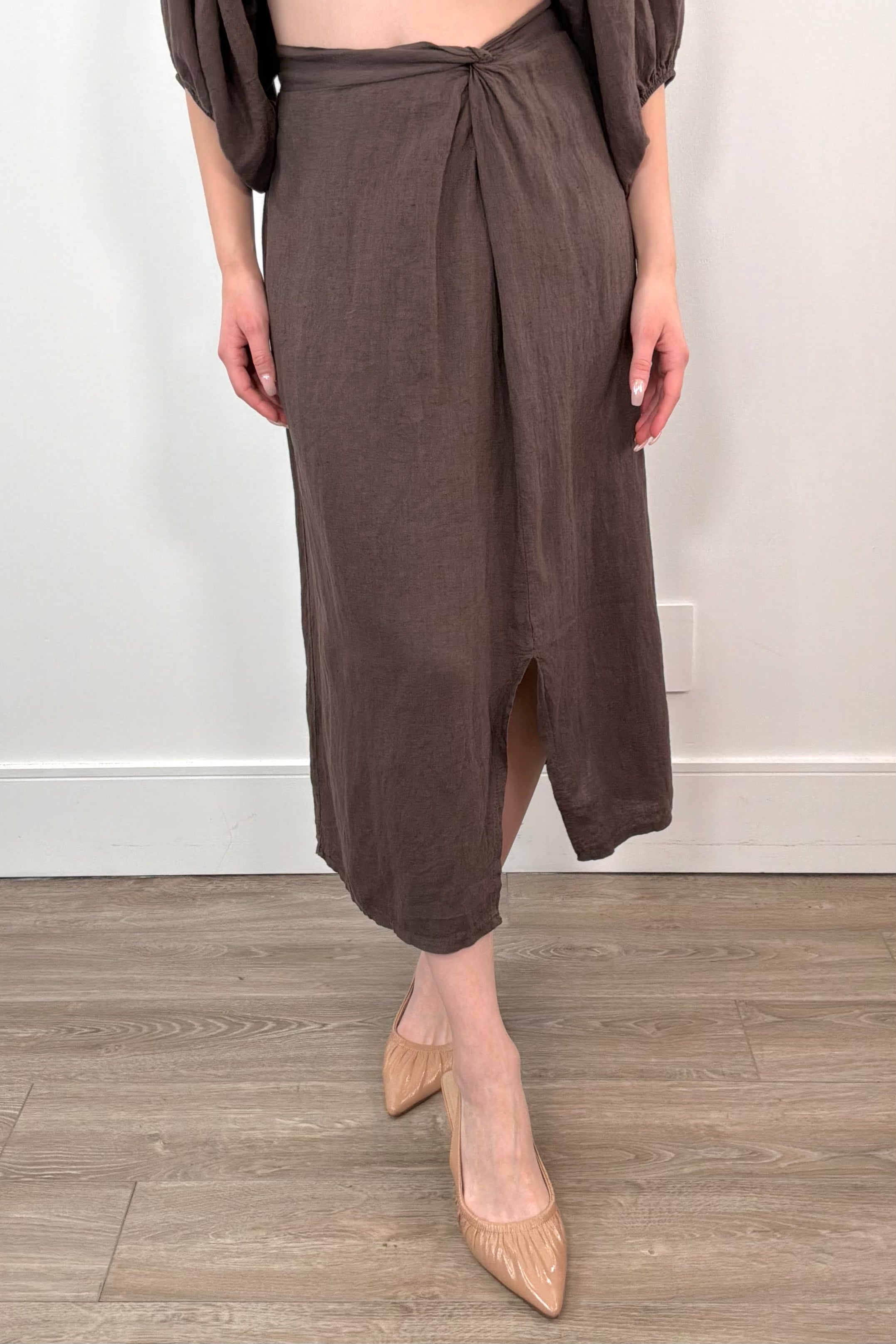 Close-up of women wearing espresso, brown linen skirt