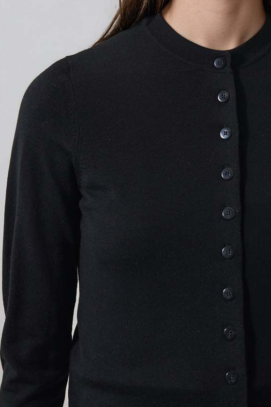 woman wearing fitted black button up cardigan