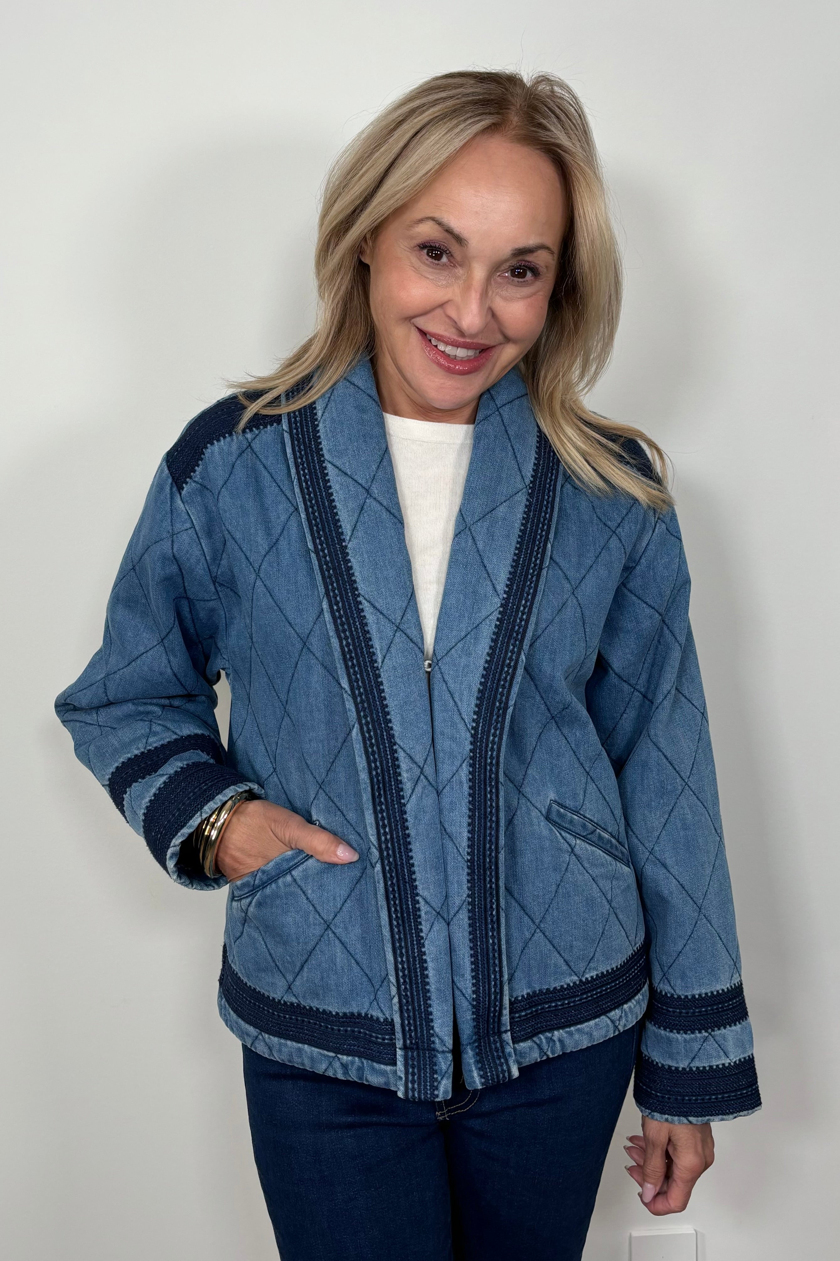 Front facing woman wearing a blue quilted jacket with navy blue detailing.