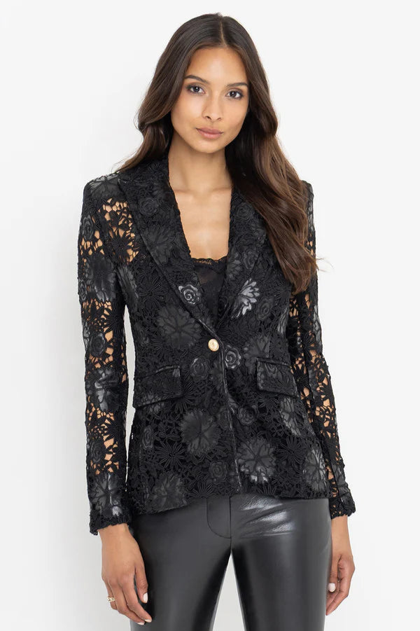 Front view of a woman wearing a black lace and leahter blazer