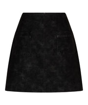 Black suede A-line mini skirt with two front patch pockets