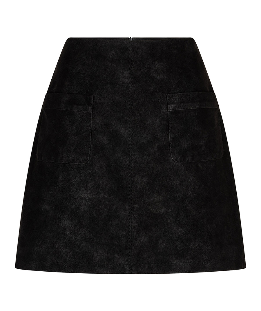 Black suede A-line mini skirt with two front patch pockets