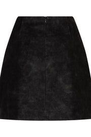 A black A-line mini skirt made of textured faux suede or velvet, featuring a front zipper closure