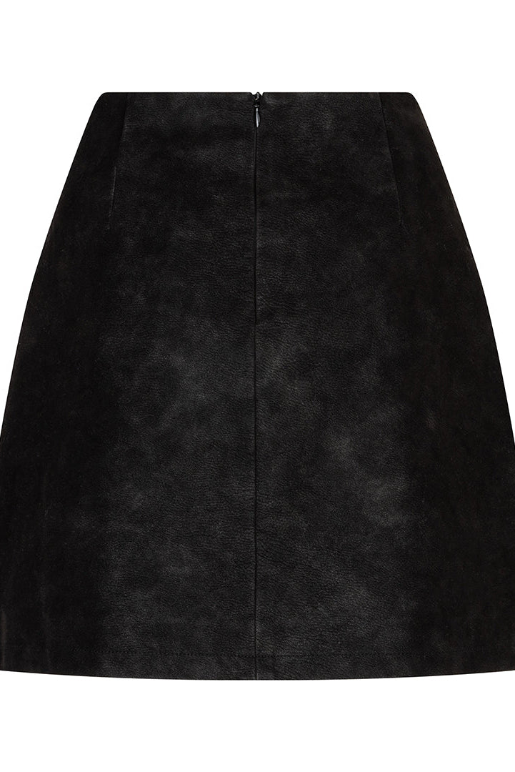A black A-line mini skirt made of textured faux suede or velvet, featuring a front zipper closure