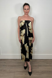 Strapless Satin Elegance in a Neutral Floral Print Clea Dress by MISA
