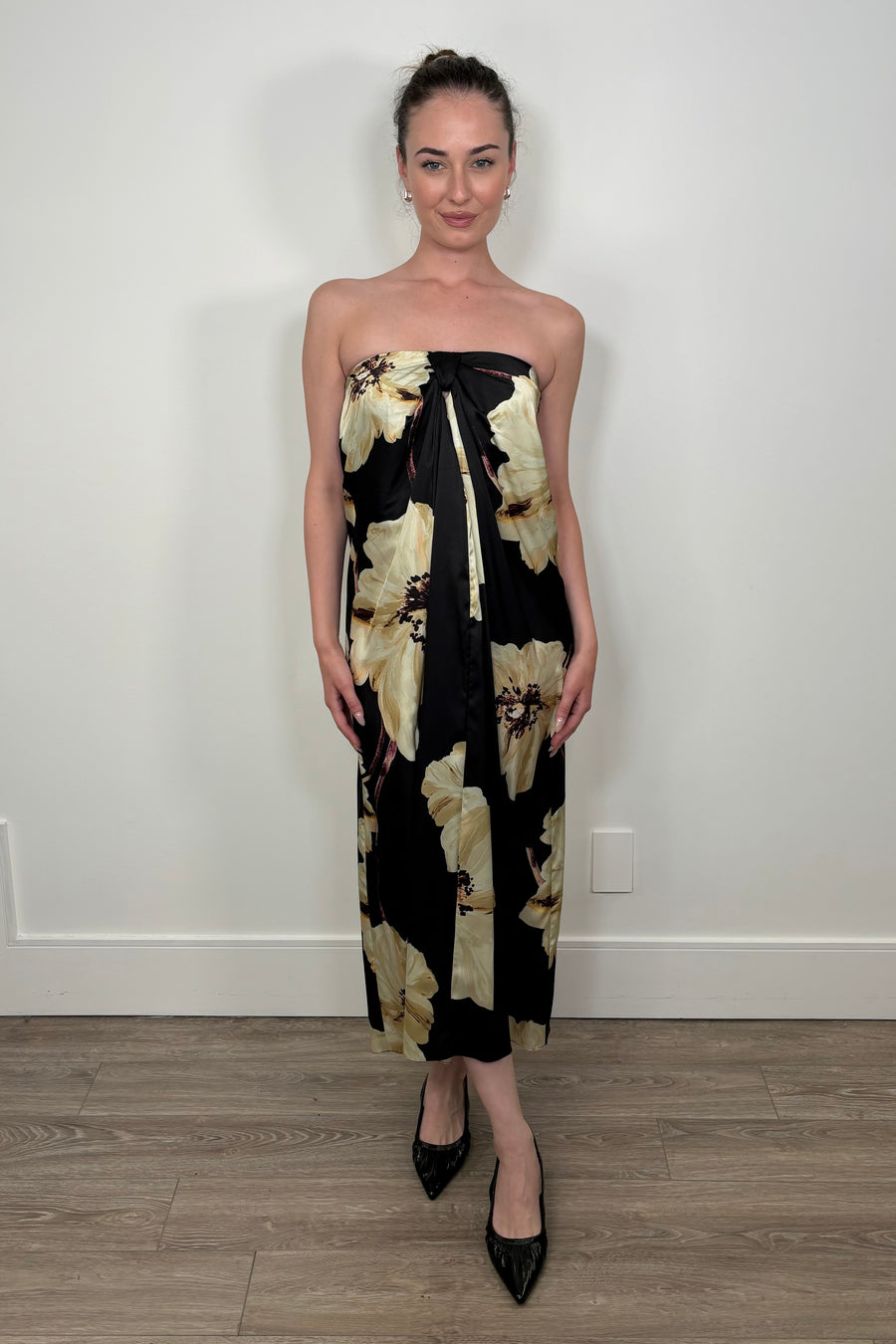 Strapless Satin Elegance in a Neutral Floral Print Clea Dress by MISA