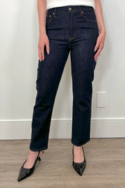 woman wearing dark wash straight keg crop jean