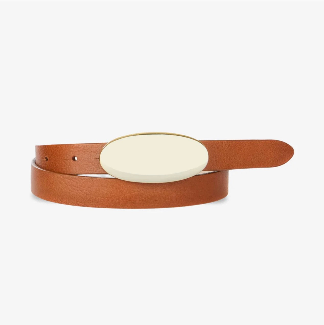 Tan leather beltstrap with a solid gold plated belt buckle
