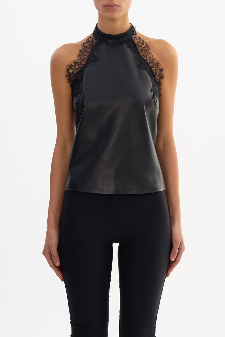 Black sleeveless top with lace details on a white background