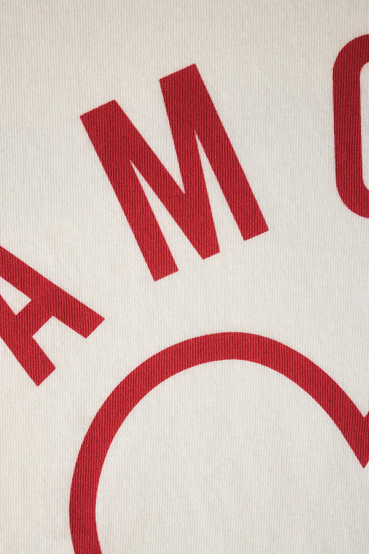 Woman wearing a white crewneck t-shirt with the word "AMOUR" written in red lettering, fabric detail view