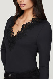 close-up of a black long-sleeve top with lace details in the v-neck
