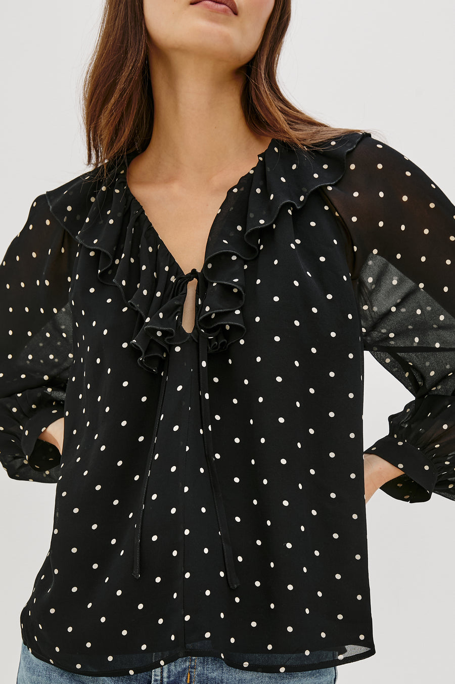 Close up of a sheer polka dot blouse