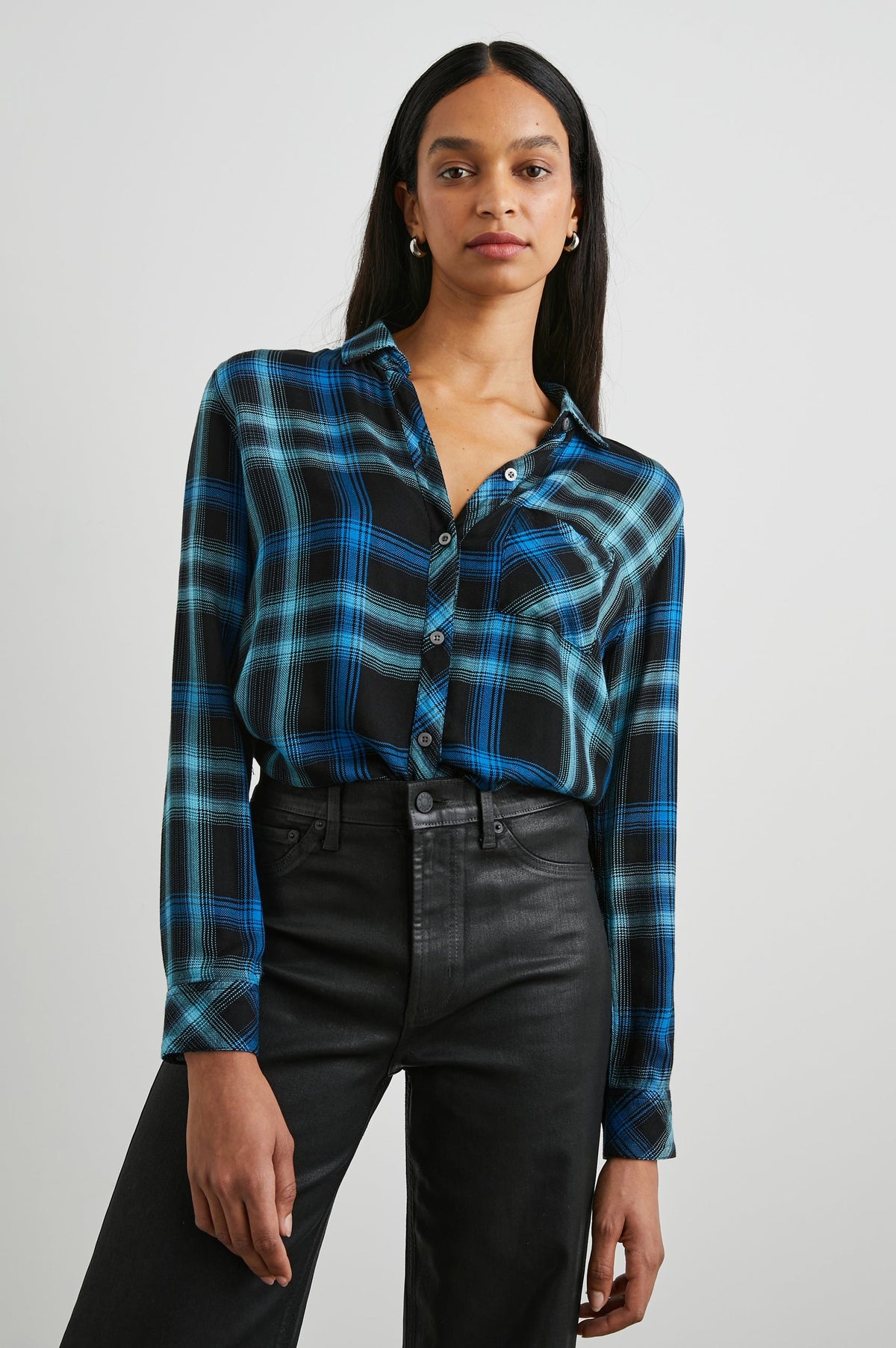 Rails Hunter Plaid Luxe Shirt in Black Aqua Blue