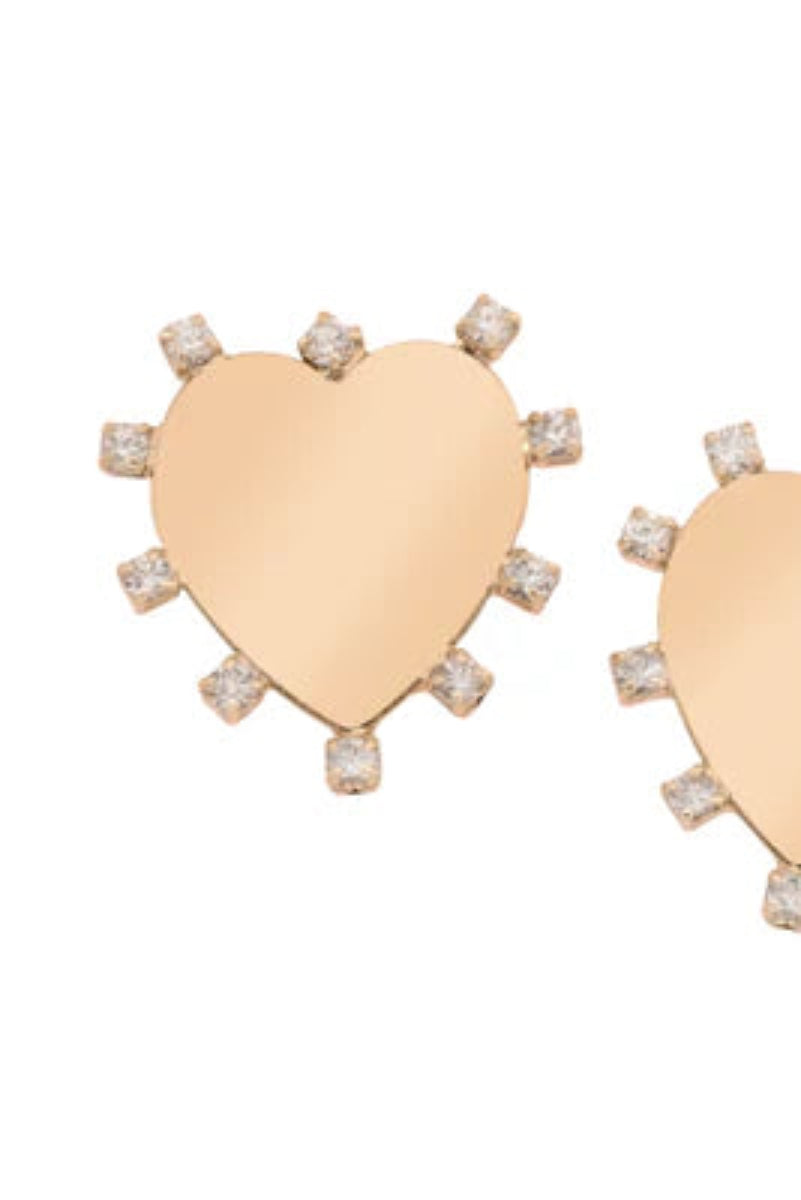 Gold heart-shaped earrings with small diamonds on a white background