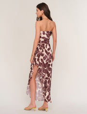 women wearing printed midi dress with asymmetrical hem