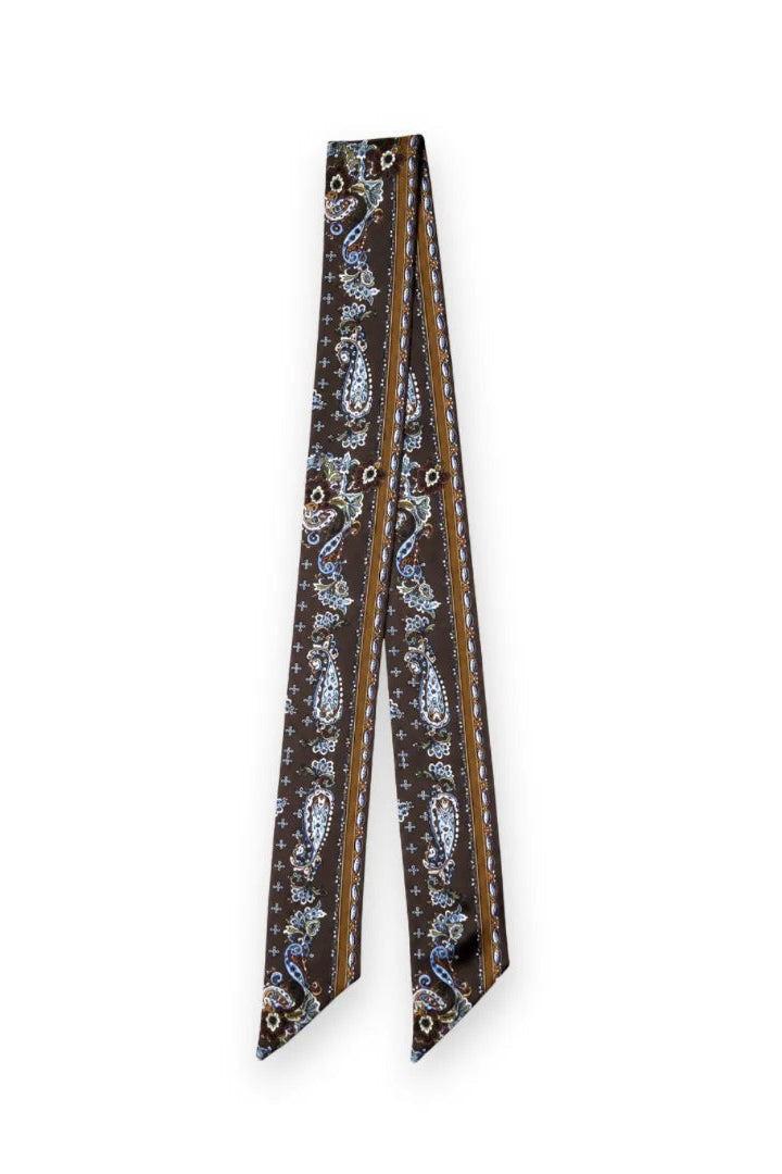 A long necktie with a brown paisley pattern, featuring white, blue, and gold details, displayed flat against a solid white background.