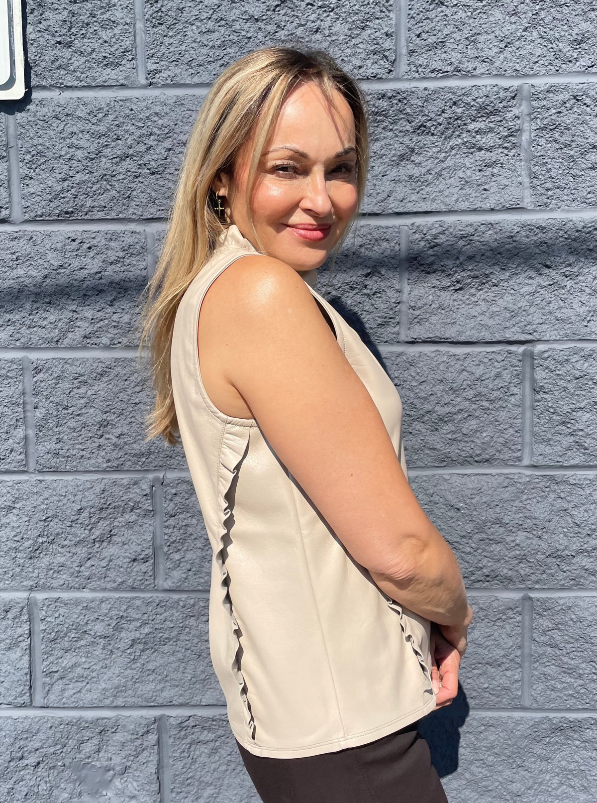 Melissa Nepton Riane Faux Leather Sleeveless Ruffle Top - Size XS Available