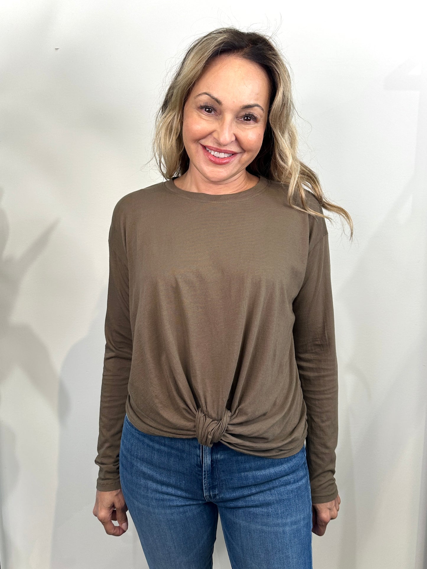 Bobi Knot Front Detail Long Sleeve Tee in Olive Tree