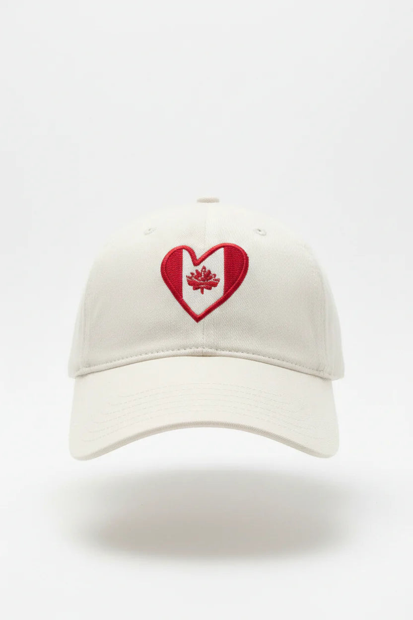 White hat with embroidered Canadian flag heart 
