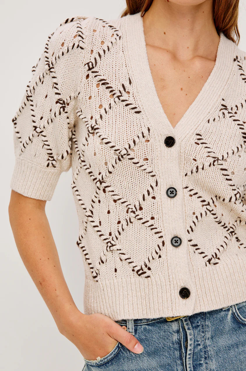 Close up view of the shoulder and neck of a woman wearing an argyle textured  wool blend cardigan 