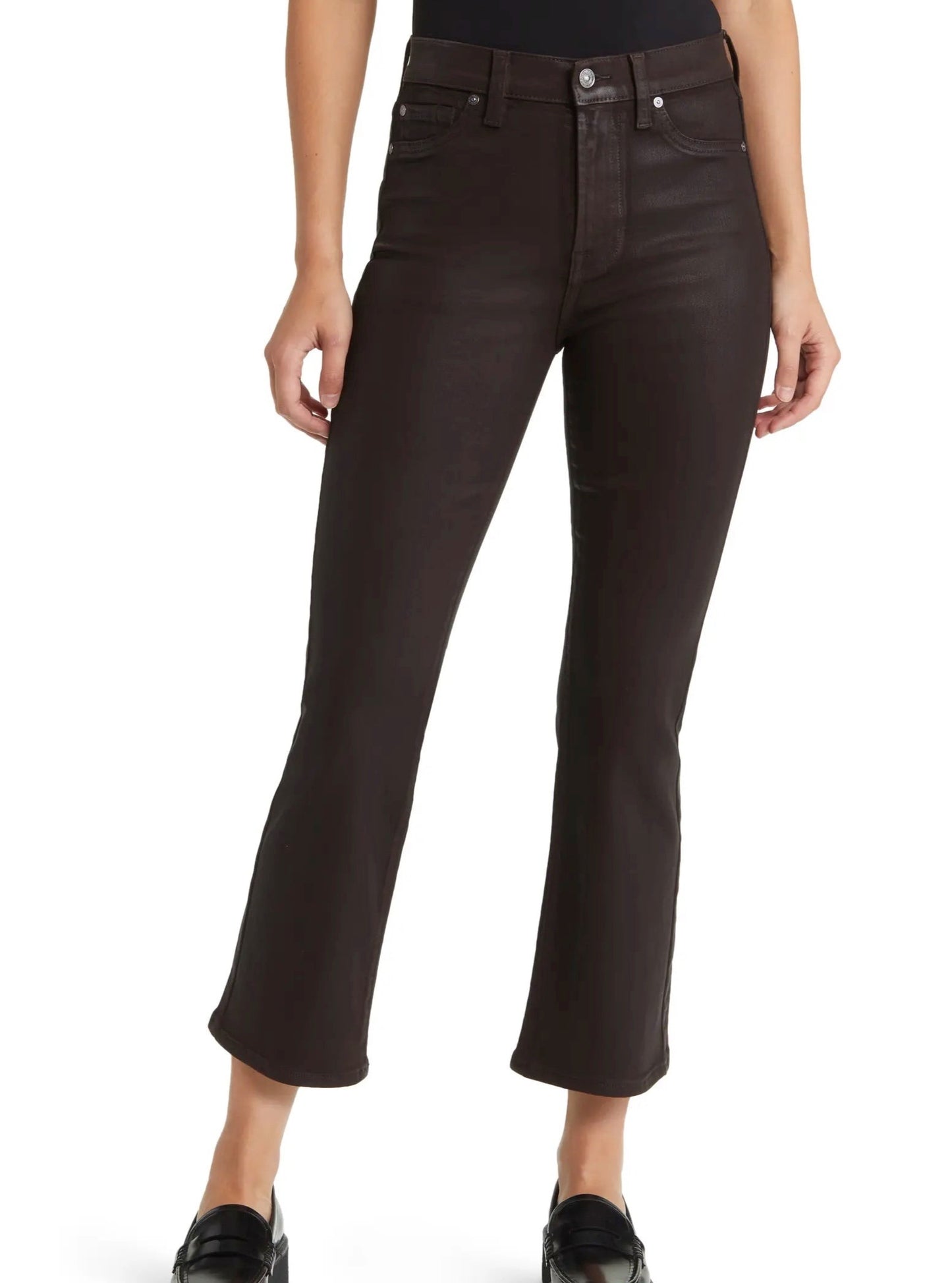 7FAM High Waisted Slim Kick Jeans in Coated Chocolate