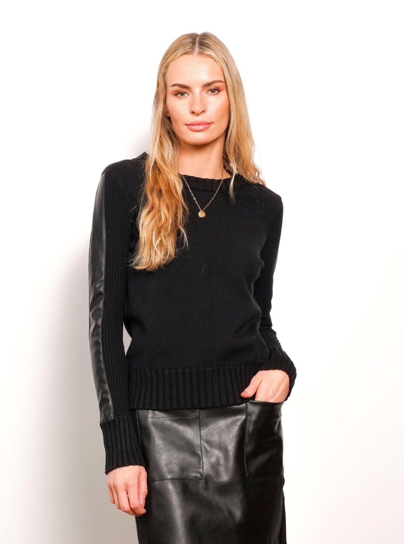 Central Park West Khloe Leather Stripe Crew Neck in Black - Size M Available