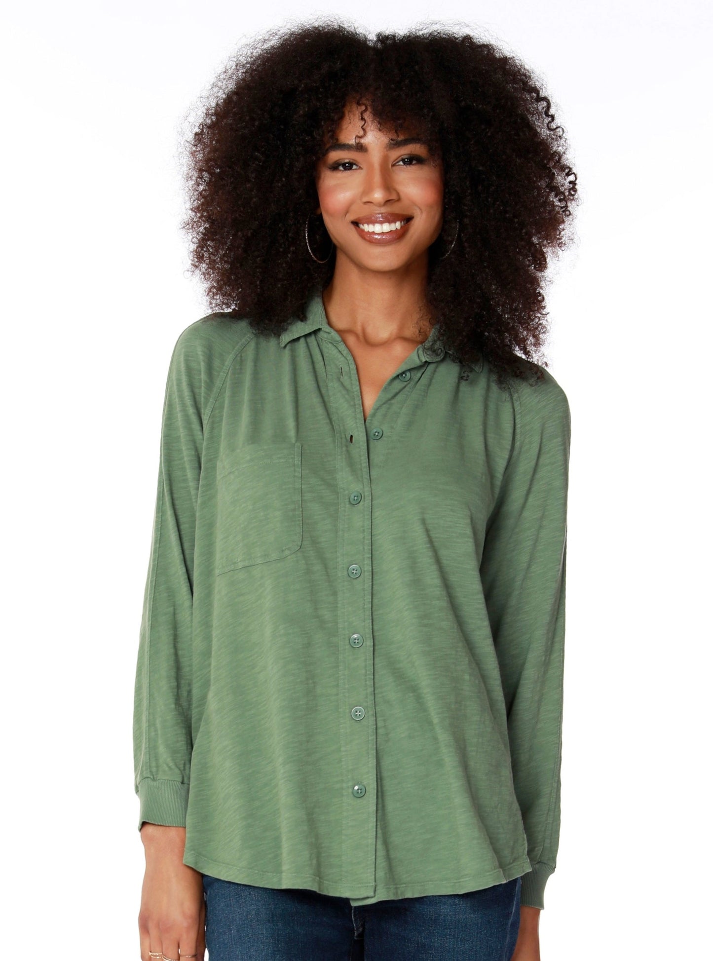 Bobi Button Front Raglan Top in Sprout - Size M Available