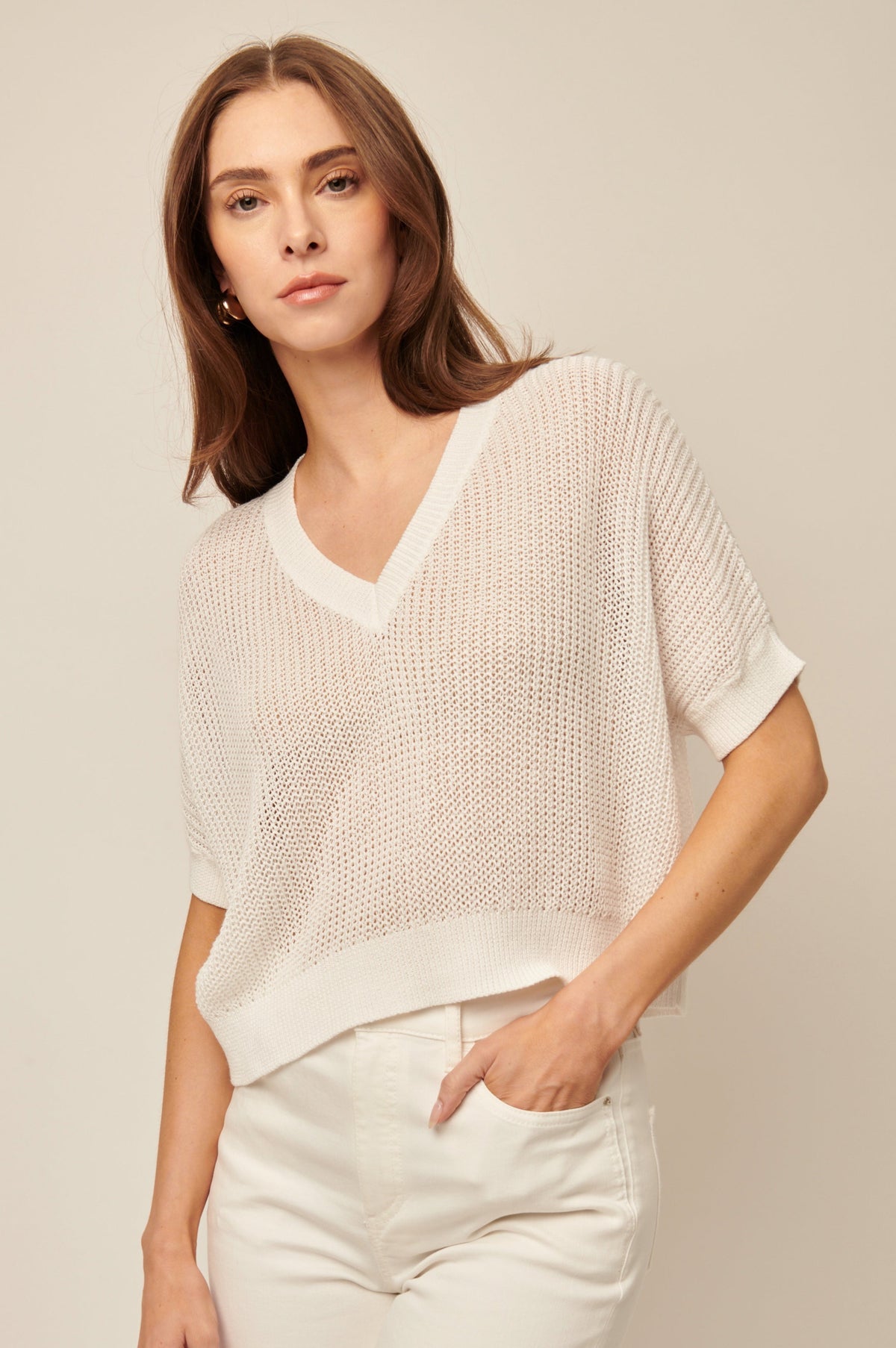 Line Piper Knit Short Sleeve V-Neck Sweater in Chalk