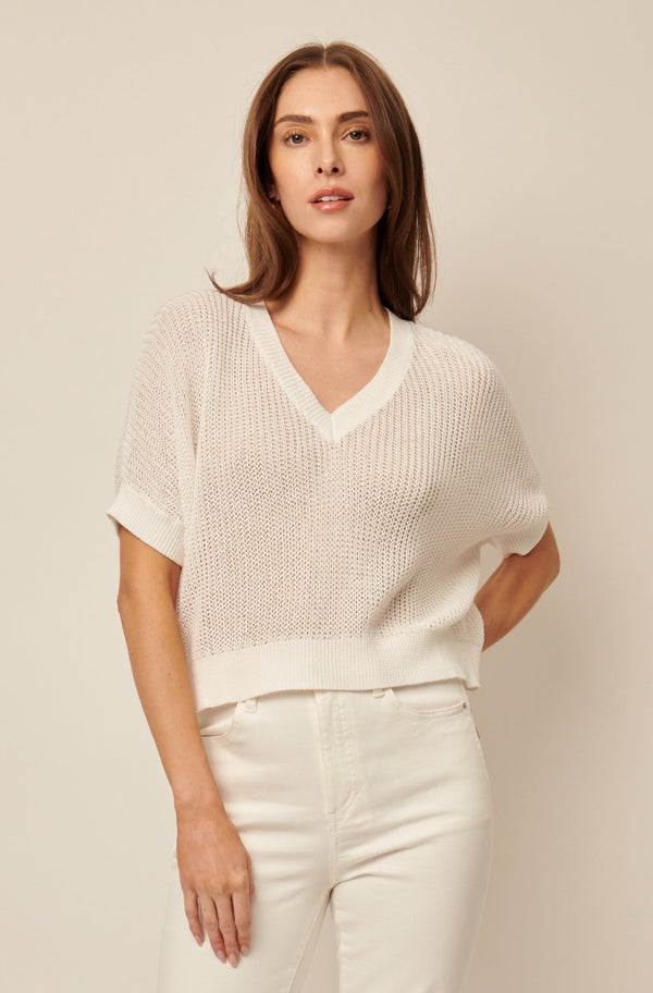 Line Piper Knit Short Sleeve V-Neck Sweater in Chalk